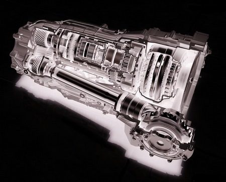 Vue en écorché d'une boîte automatique Porsche Tiptronic sur fond noir