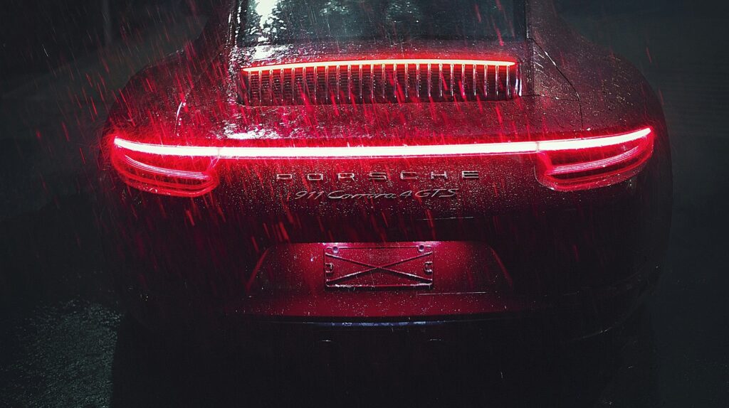 Bandeau de feux arrière rouge d'une Porsche 911 sous la pluie, sur fond noir