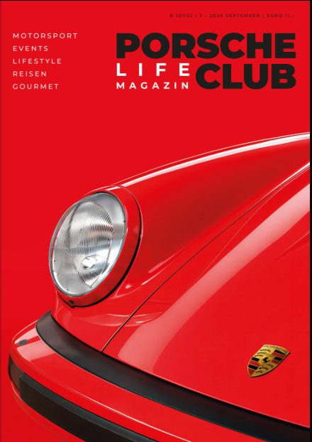 Couverture du magazine allemand Porsche Club Life avec l'aile avant d'une Porsche 911 classique rouge
